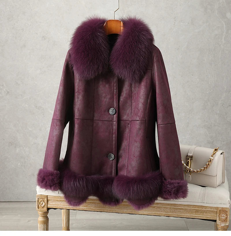 2021 New Whole Skin Rabbit Fur Overcoat one piece Double Face Fur Jacket Female Short Fox Fur Collar Coat Fashion Winter Warm