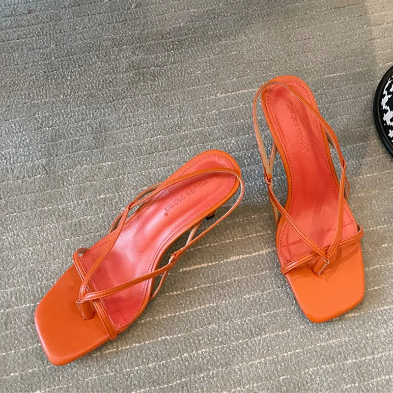 2023 Summer New Arrival Women Thin High Heels Sandals Designer Orange White Medium Heels Flip Flops Sandals Female Party Shoes