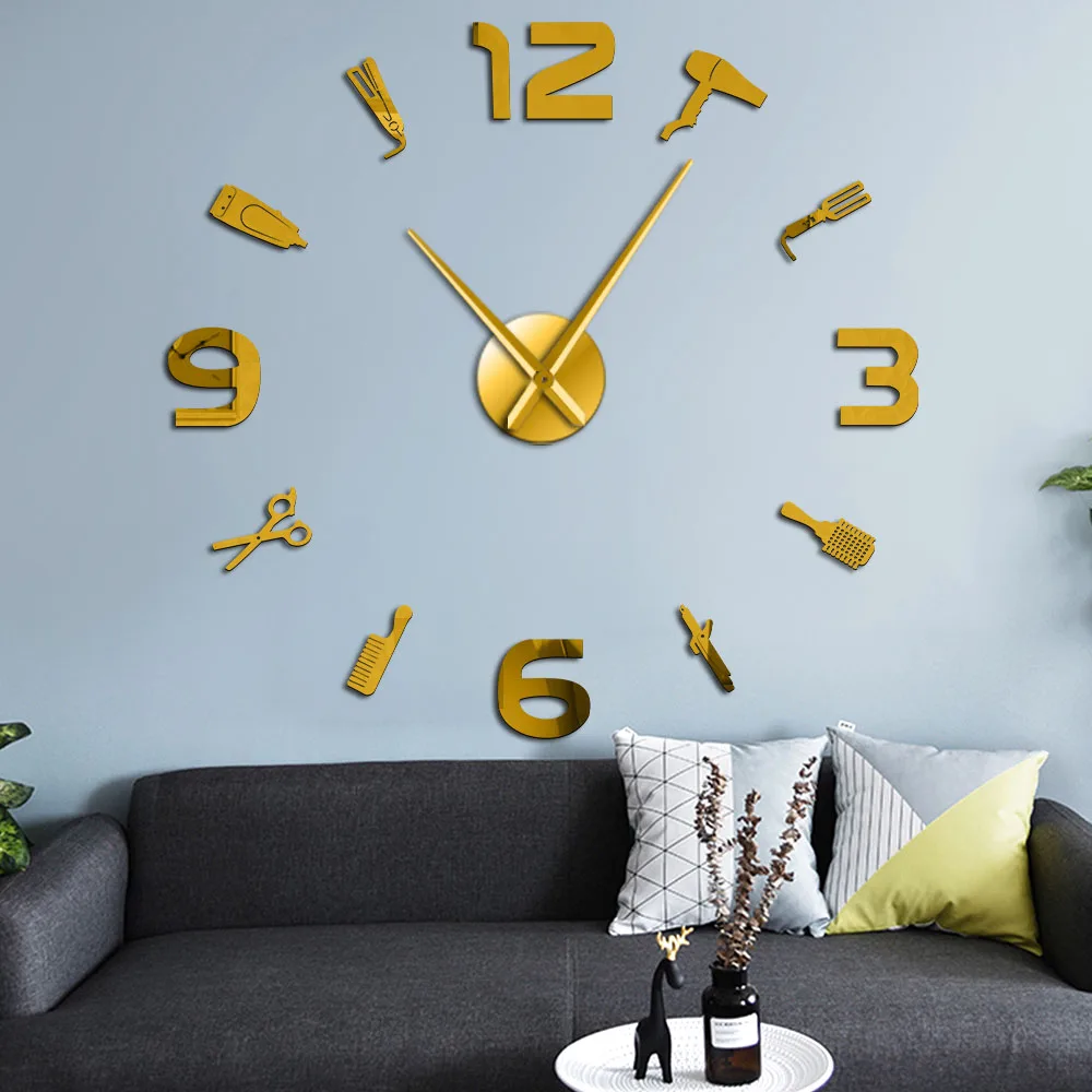 Barber Accessories DIY Large Wall Clock Acrylic Mirror Effect Wall Art Barber Shop Tools Frameless