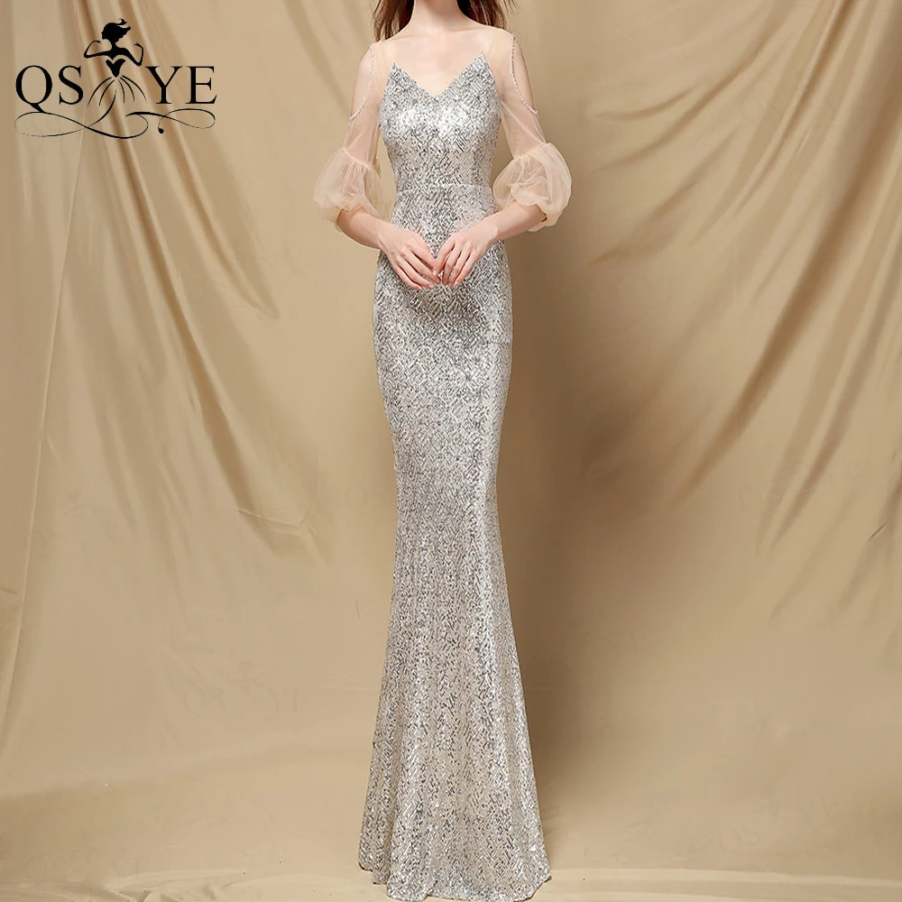 

Open Long Sleeves Silver Prom Dress Sequin Mermaid Evening Gown V Neck Formal Dress Backless Illusion Nude Sleeves Party Gown