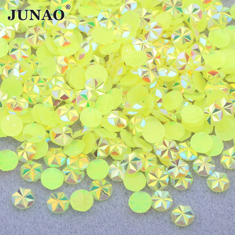 JUNAO 500pcs 5mm Neon Yellow AB Crystal Rhinestone Flower Resin Strass Stickers Flat Back Round Stones Face Nail Art Decoration