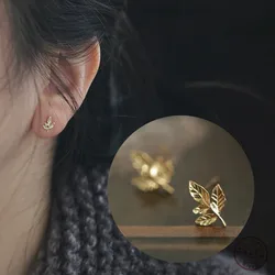 Pendientes de plata de ley 925 con forma de hoja dorada para mujer, aretes de hoja de arce, joyería chapada en oro de 14 quilates
