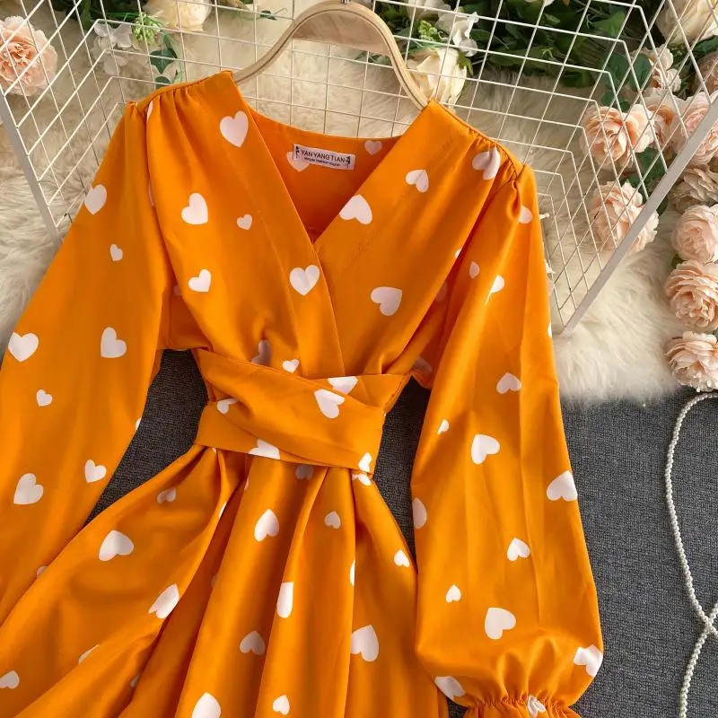 French Sim Spring Love Heart Print V Neck Bandage Dress Autumn Long Casual Women High Waist Vestido De Festa Elegant Vestidos