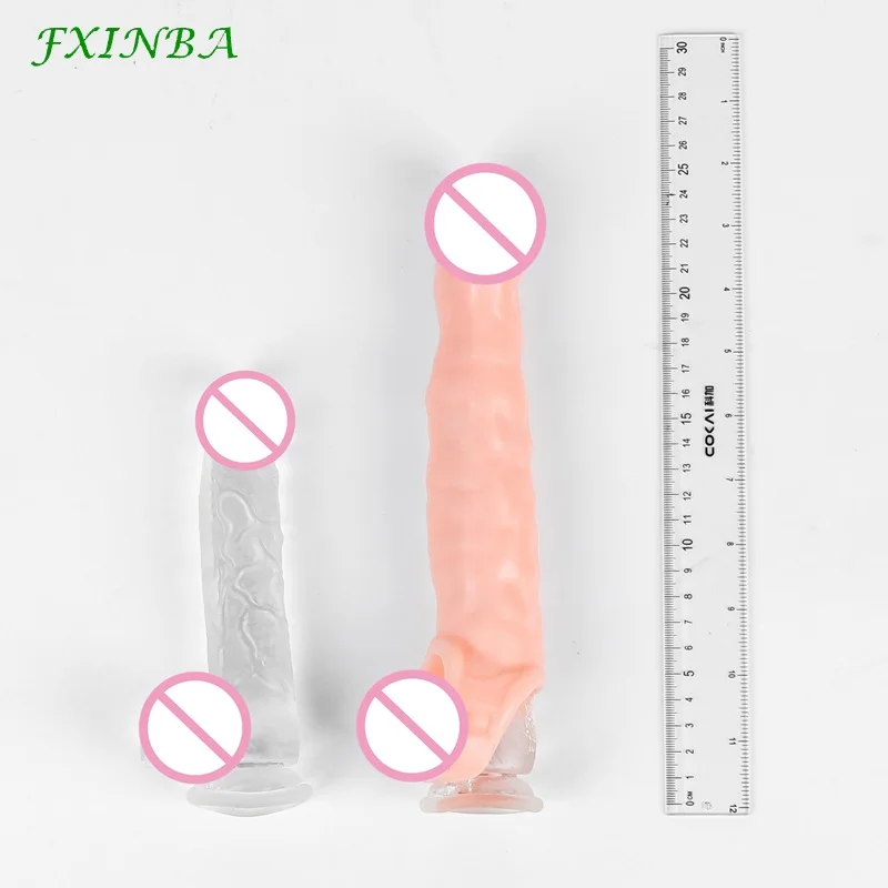 FXINBA New 14-28cm Realistic Penis Extender Sleeve Reusable Condoms Adults Sex Toys For Men Delay Ejaculation Dick Enlargement