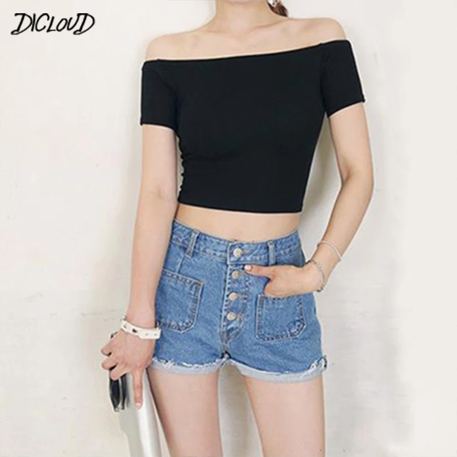 

DISWEET New T-Shirt Women Fashion Shorts Slash Neck Sexy Ladies Tees Elastic Casual Slim Tops Summer Harajuku T Shirt Y2K