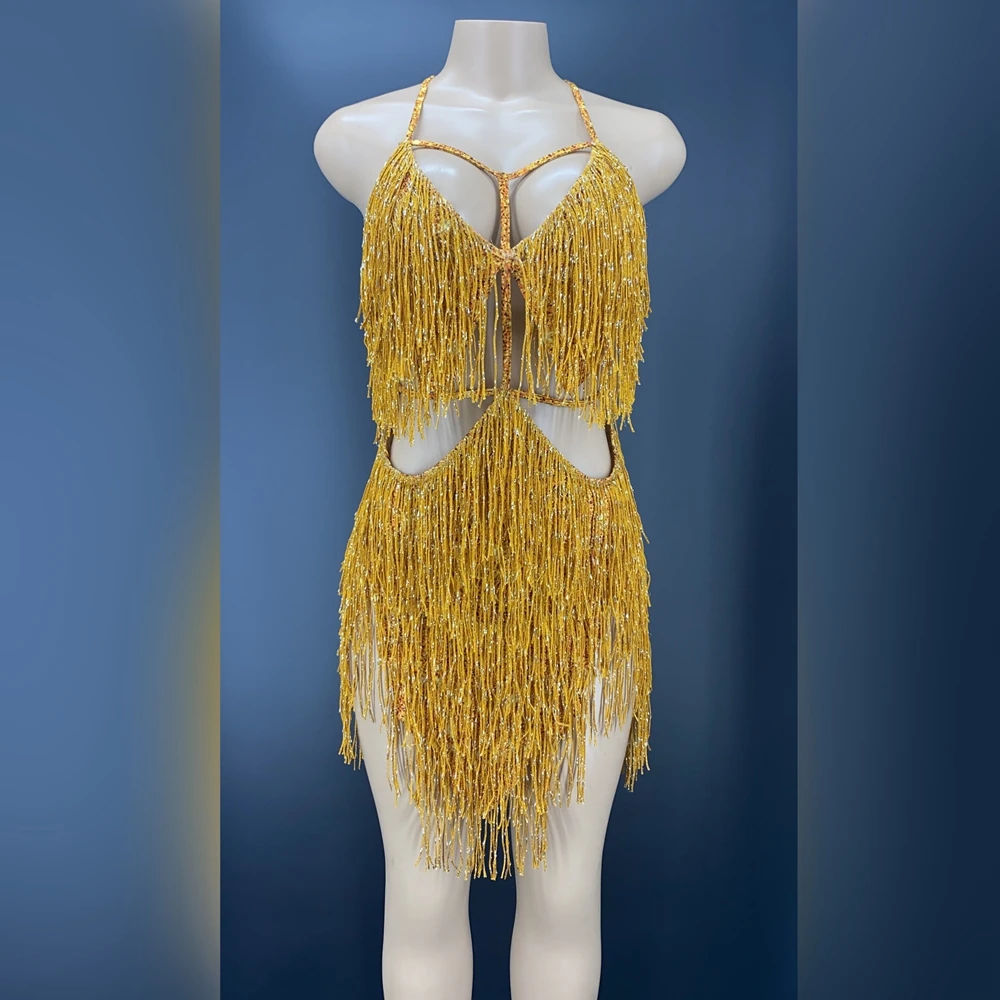 Sexy Stage Gold Fringes Dance Costume Party Outfit Tassel Bodysuit Evening Birthday Party Stage Wear Nightclub Performance Dress