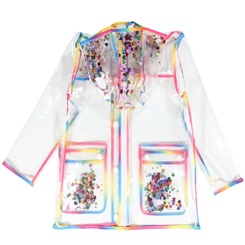 Transparent Rainbow Colorful Edge Kids Raincoat Waterproof TPU Children Windproof Rain Coat Jacket With Hood Boys Girls Poncho