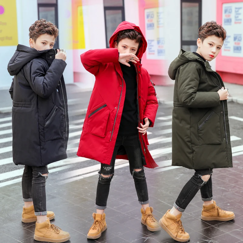 FYH New Kids Clothing Winter Boys Hooded Warm Down Coat Big Boys Long Parkas School Children Winter Jackets Thickening Outerwear