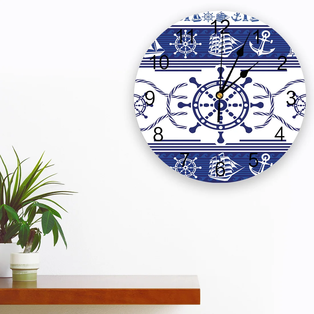 Rudder Anchor Blue Stripes Wall Clocks Home Decoration Silent Round Wall Watches for Home Living Room Kitchen Wall Decor