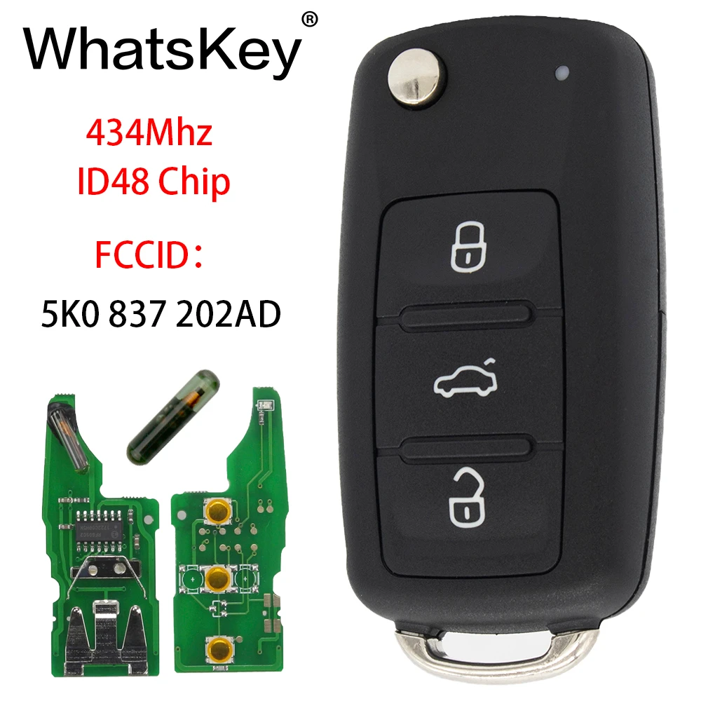 

WhatsKey 3 Buttons Remote Key Fit For VW 5K0837202AD For Volkswagen Caddy Eos Golf Jetta Beetle Polo Up Tiguan 5K0 837 202 AD