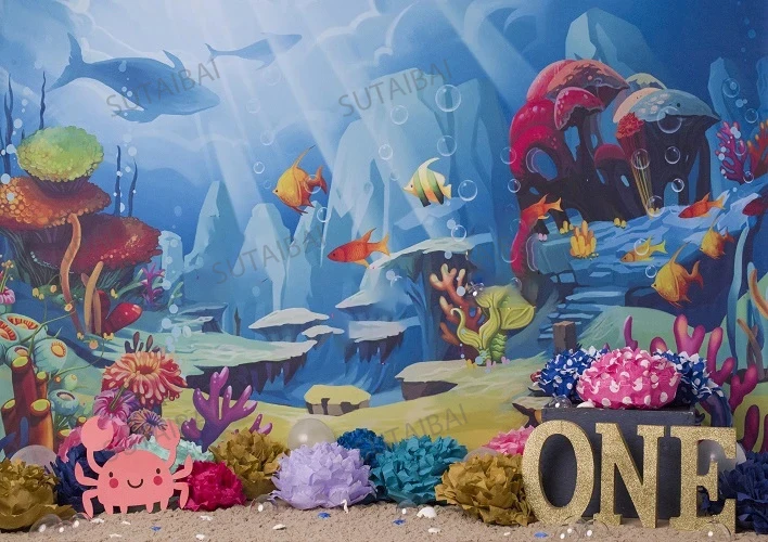 Underwater World Baby Birthday Backdrop Photocall Shark Photo  Photography Party Decor Background Photographic Studio Shoot
