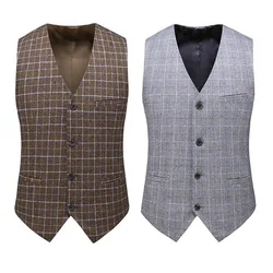 Men's Wool Check Suit Vest Men's Retro Tweed Groom Vest Groomsman Wedding Vest