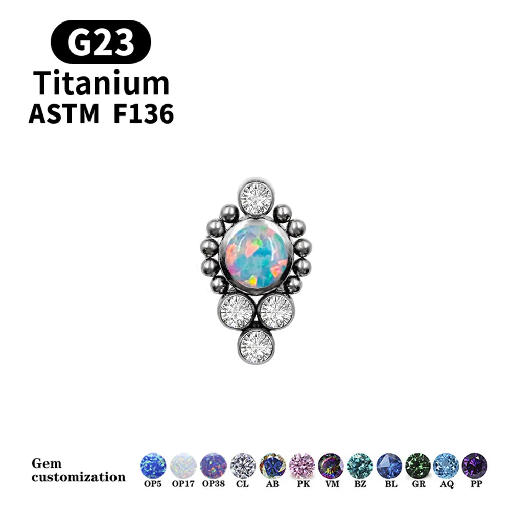 1PC G23 Titanium & Fire Opal Cz Gem Flower Earring Stud Labret Bar Ring Body Piercing Jewelry Cluster Ear Tragus Helix Cartilage