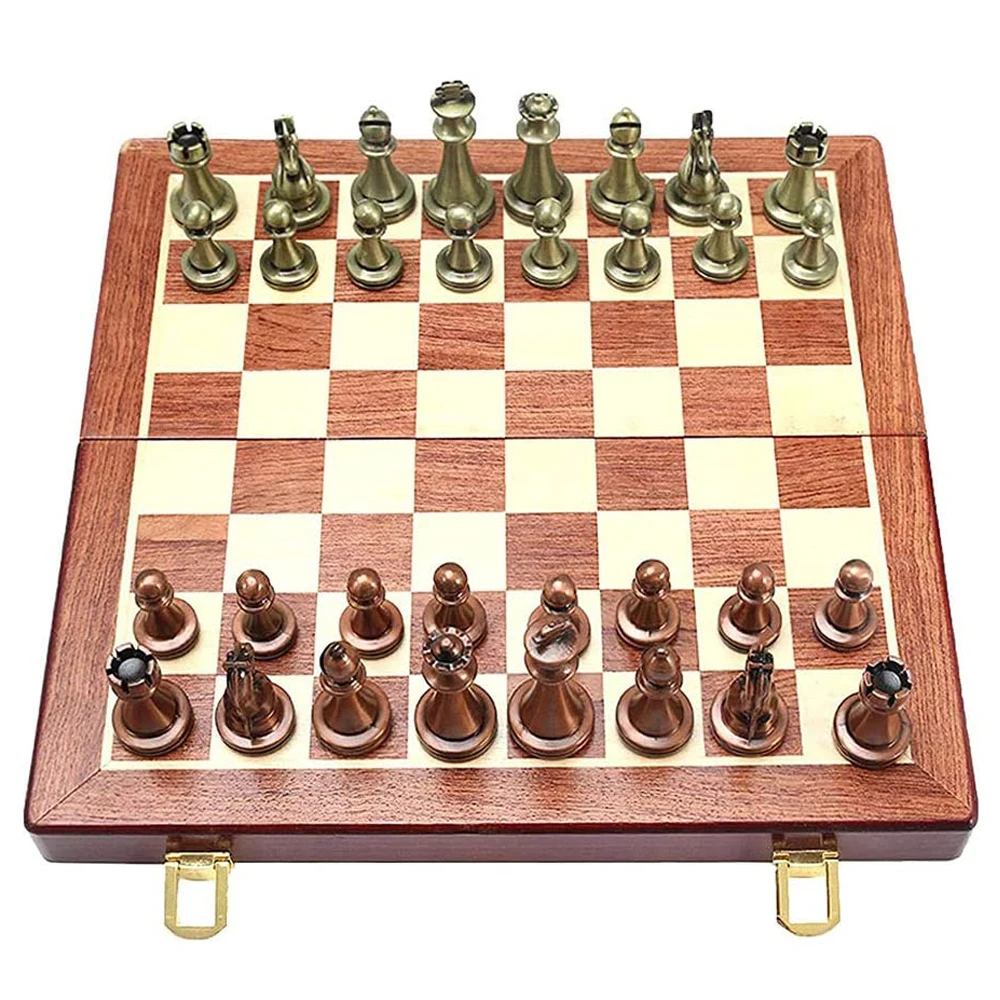 Large Metal International Chess Set with Folding Wooden Chessboard Box Retro Bronze Chessmen Storage Slots for Kids Adult Game