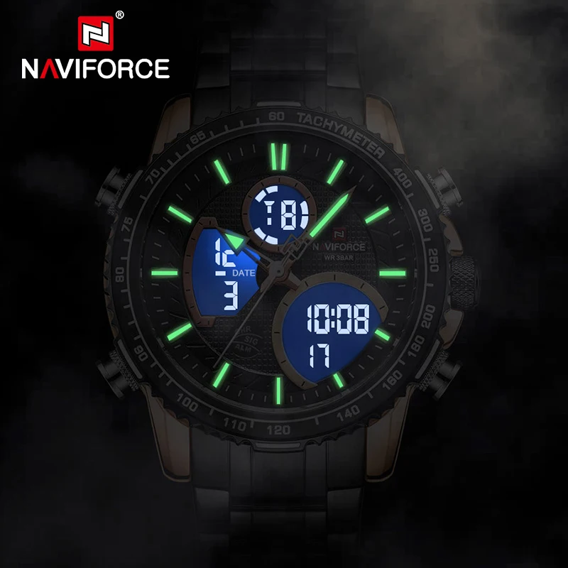 Imagem -03 - Naviforce-relógio de Pulso Digital Masculino Relógio de Aço Impermeável Marca de Luxo Display Duplo Relógio Luminoso Masculino