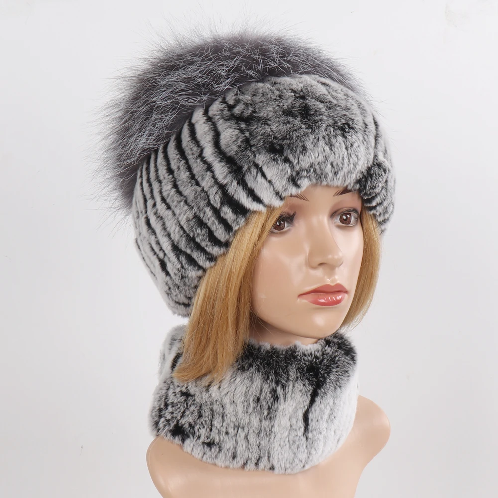 Women's Winter Warm Genuine Fur Hat Scarf Set Real Rex Rabbit Fur Cap with Silver Fox Scarves 2-Piece Natural Fashion Accessory