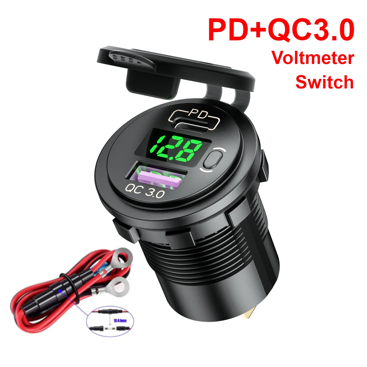 

PD Type C QC 3.0 USB Fast Charger Socket with Switch Voltmeter Power Outlet Quick Charge for 12V 24V Car Motorcycle RV Boat