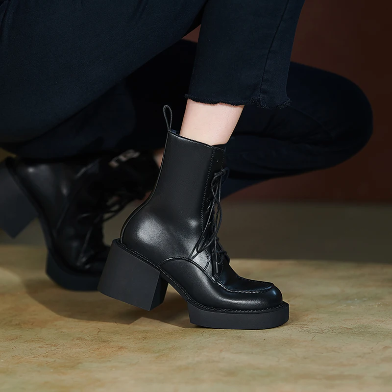 2022 New Neutral Leisure Fashion Women Ankle Boots Motorcycle Boots Genuine Leather Thick Heels Autumn Winter Casual Shoes Woman