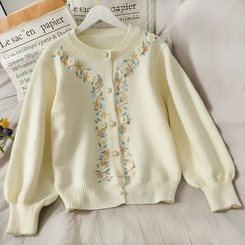 2021 Autumn Winter Sweet Flower Embroidery  Knitted Cardigans Korean Elegance Chic Pearl Buttons O-neck Long Sleeve Warm Sweater