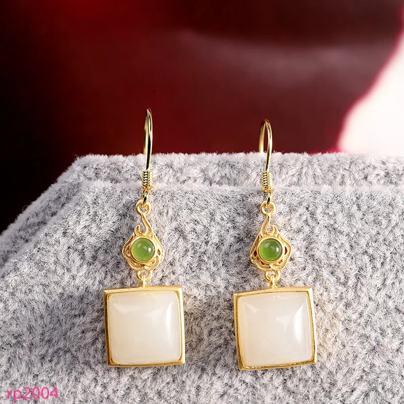 

KJJEAXCMY boutique jewelry s925 sterling silver jewelry women's gold-plated inlaid Hetian white jade earrings new geometry