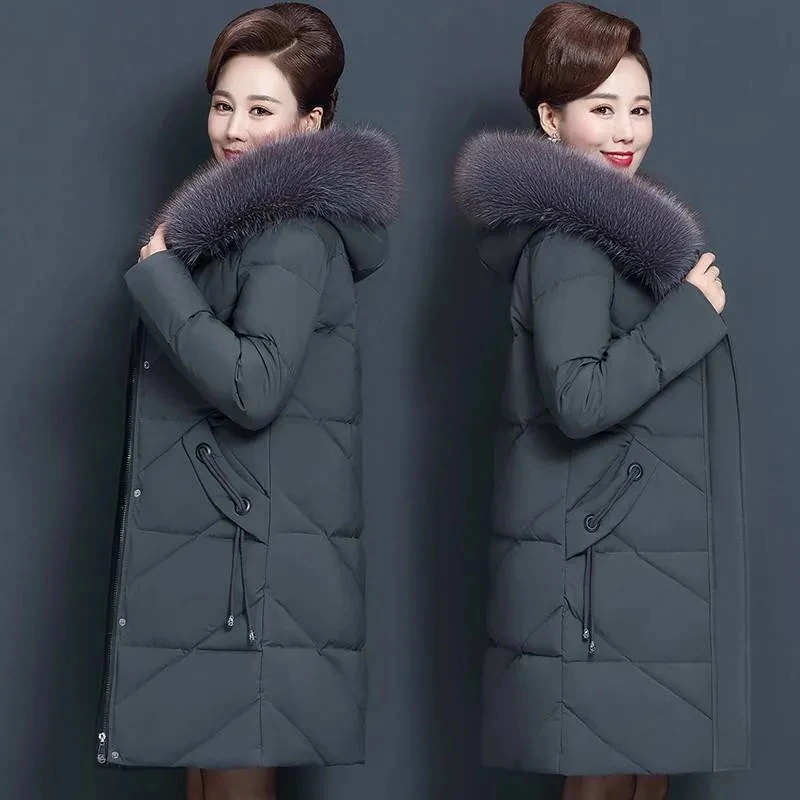 New 2024 Overcoat Parka Middle-Aged Elderly Mothers Cotton Jacket Mid-Length Hooded Big Fur Collar Down Cotton Ladies Jacket