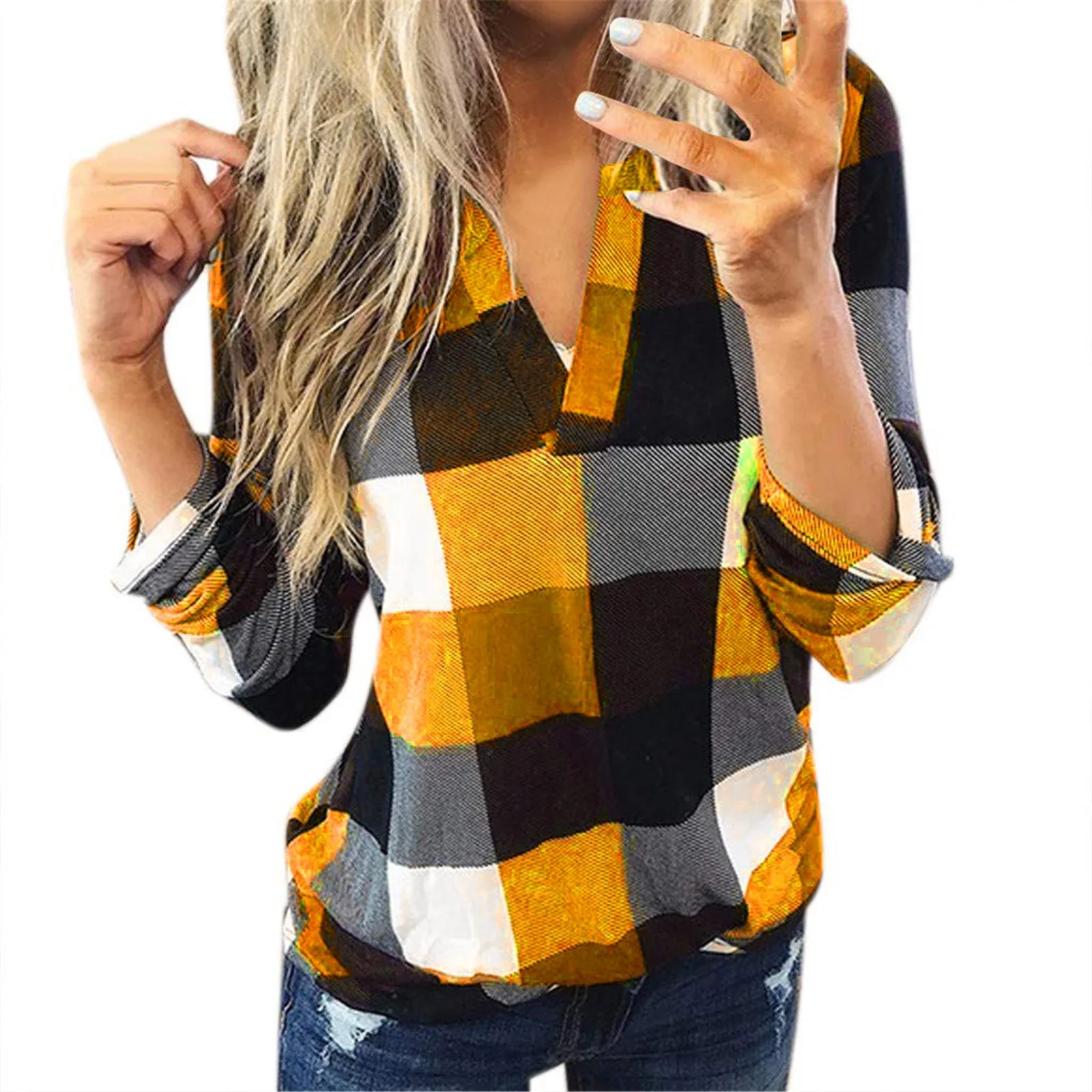 2023 Fashion Women Plaid Blouse V-neck Women Casual Cotton Long Sleeve Plaid Shirt Women\'s Slim Jacket Top Oversized Poullover