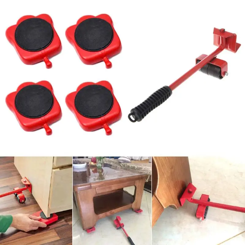 1Set Professional Furniture Mover Tool Transport Lifter Heavy Stuffs Moving 4 Wheeled Roller with 1 Wheel Bar Set