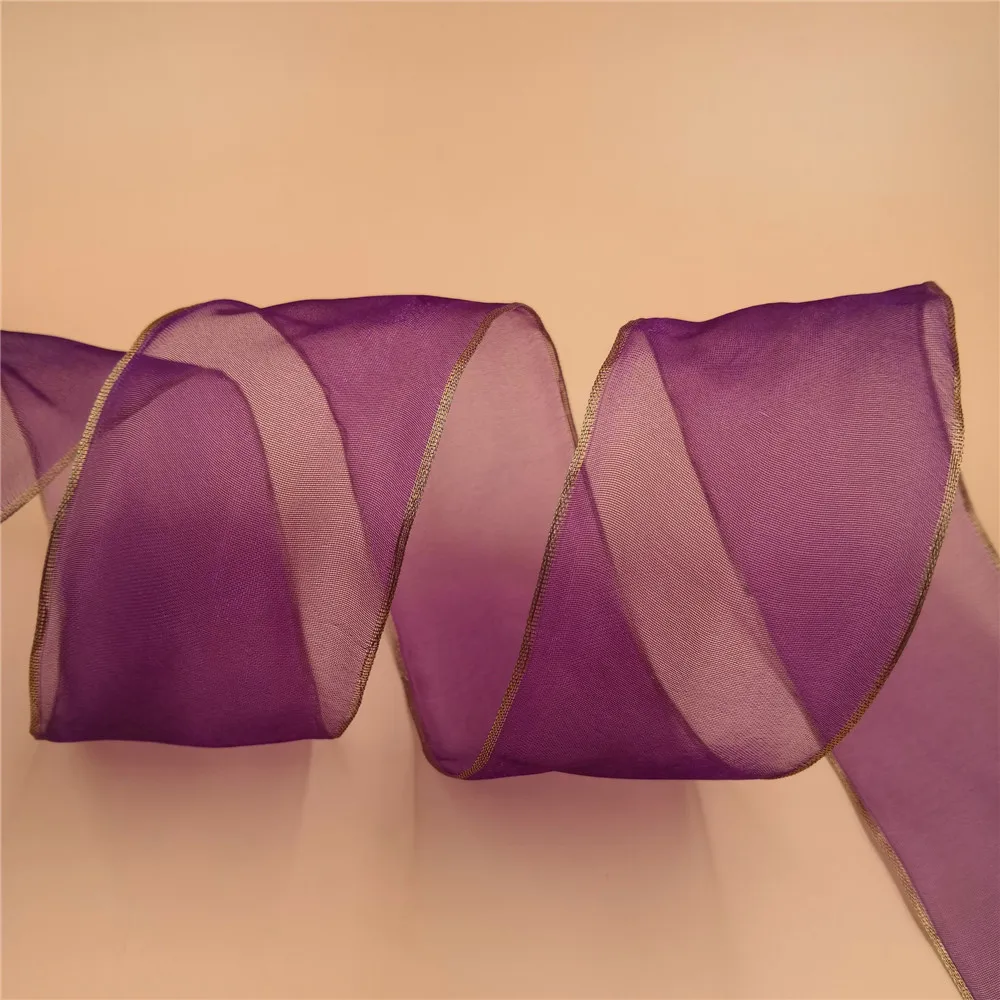 25YARDS 63MM Wired Edge Purple Organza Ribbon With Gold Edge for Birthday Decoration Chirstmas Gift DIY Wrapping2-1/2