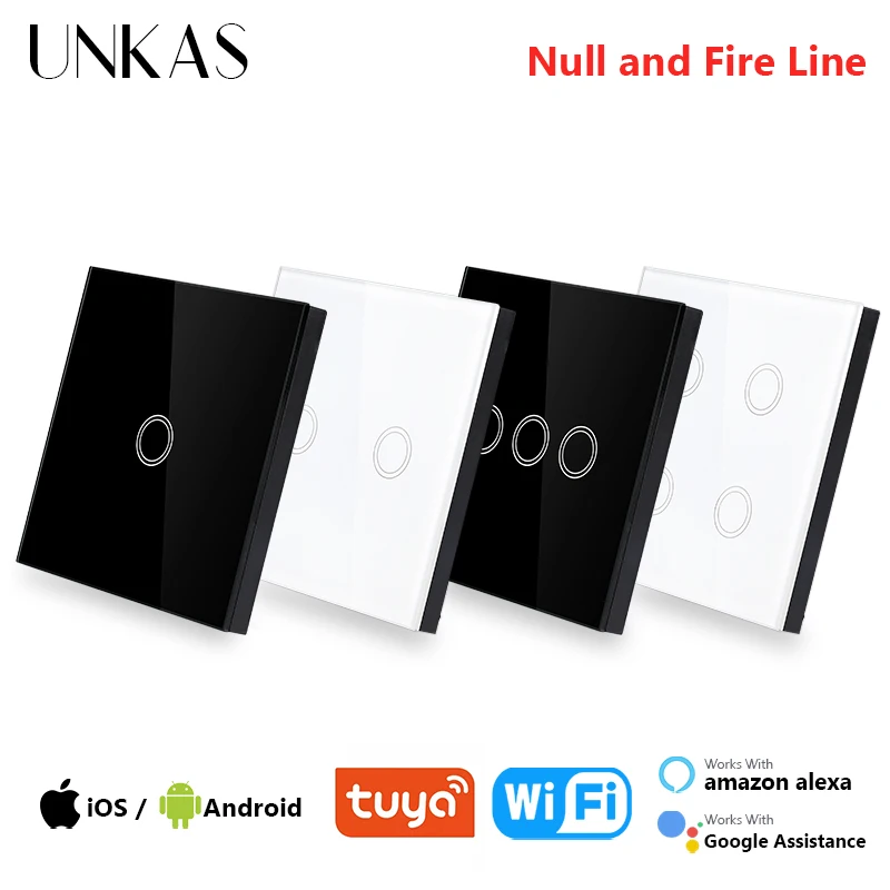 UNKAS 1 / 2 / 3 / 4 Gang WiFi Touch On / Off Smart Light Switch 86mm White Black Class Panel Outlet Null And Fire Line