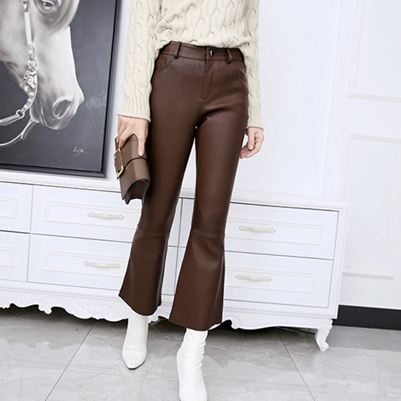 Winter Women Genuine Leather Tight-Fitting Stretch Pants Female Mid-Waist Slimming Simple Micro-Flared Trousers Calf-length Pant