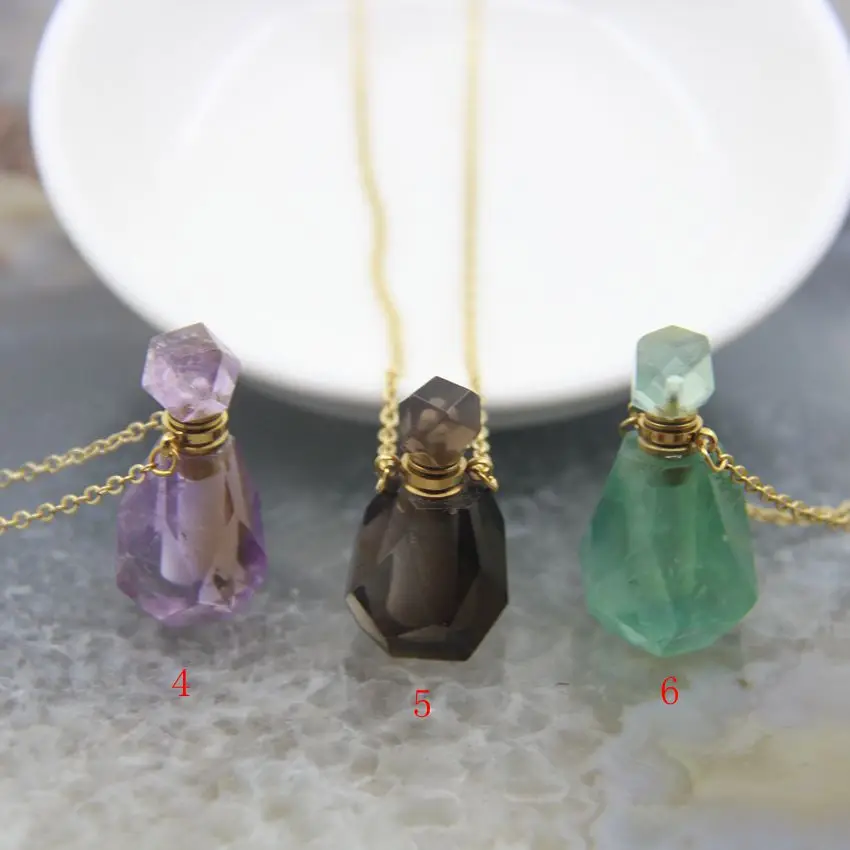 Amethysts/Amazonite/Tiger Eye/Agates/Labradorite Faceted Perfume Bottle Pendants Necklace,Gemstone Essential Oil Diffuser Vial
