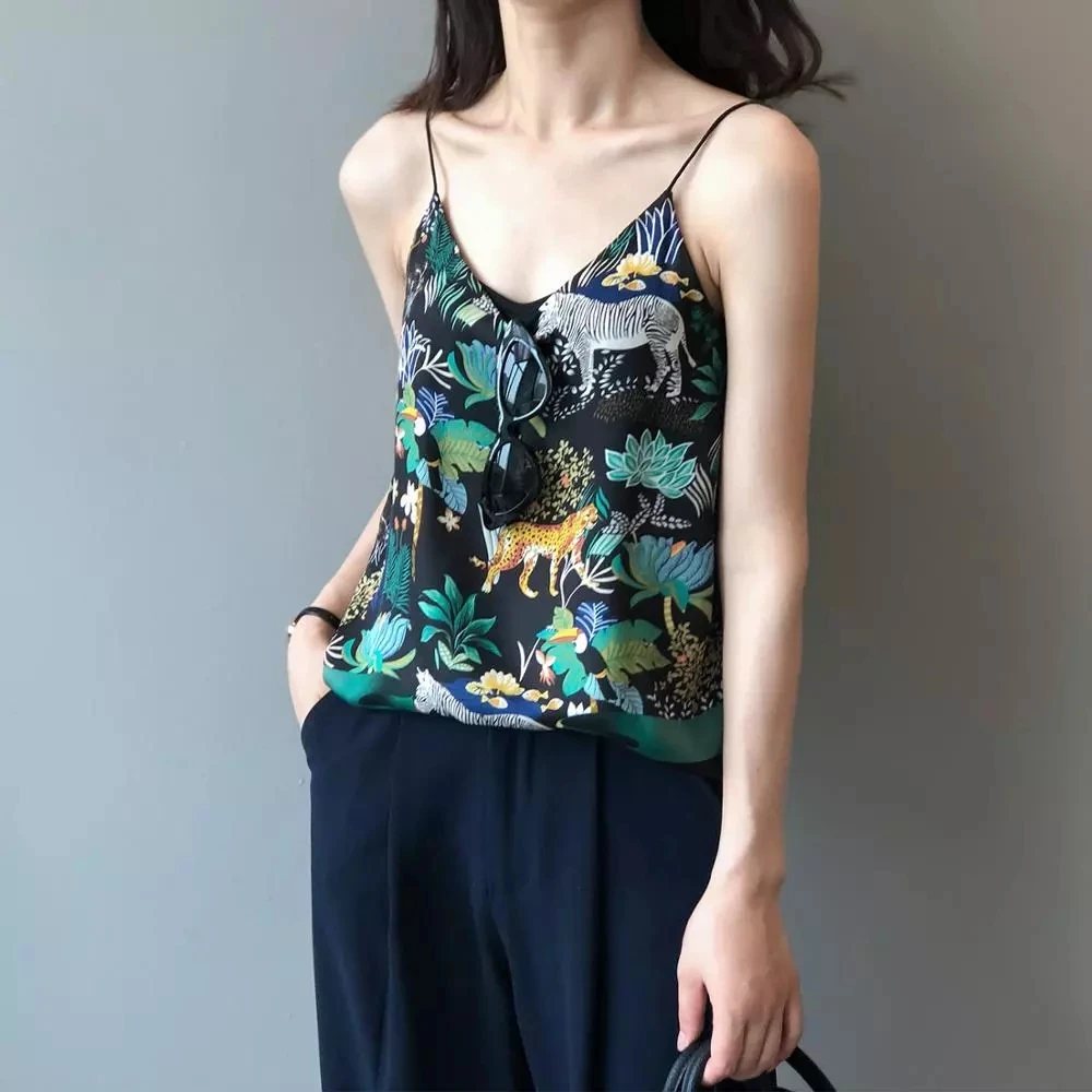 Tank Top Women Silk Satin Loose Tropical Jungle Folk Style Print V-neck Strap Halter Vest Female Undershirt Lingerie