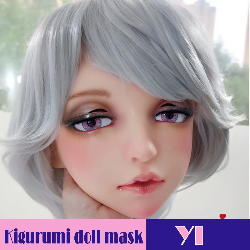 (YI)Female Sweet Girl Resin Half Head Kigurumi BJD Mask Cosplay Japanese Anime Role Lolita Mask Crossdressing Doll Mask Full Set