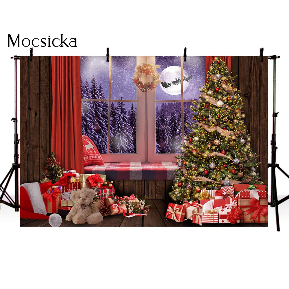 Christmas Windows Portrait Photo Background X-mas Tree Decoration Toy Bear Gifts Boxes Red Curtain Snow Forest Scenery Props