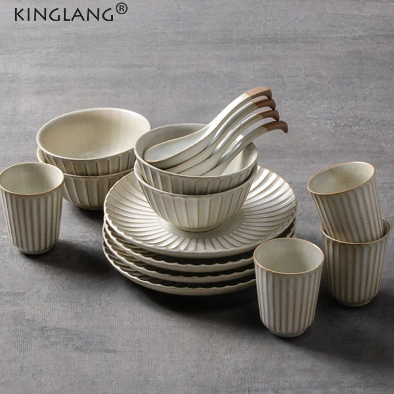 

KINGLANG Japanese Retro Dinnerware Set Ceramic 1/2/4 Person Dinner Set Handmade Tableware Set for Home Canteen Use