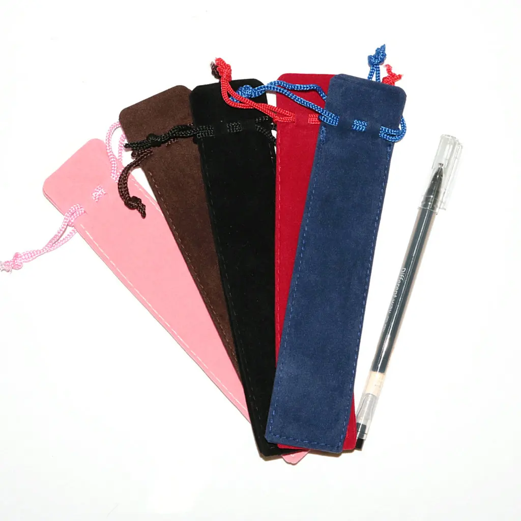 100PCS Black Velvet Drawstring  Pen Pouch Sleeve Holder Single Pen Bag Case Pencil Bag Black Blue Pink Gray Red Color