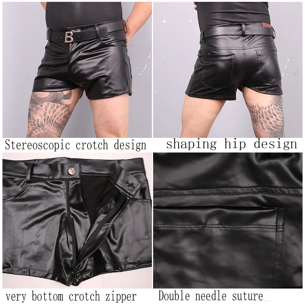 Plus Size Casual Sexy Men U Convex Pouch Boxer PU Oil Black Boxers Shorts Zipper Open Faux Leather Underwear Cool Male Sports