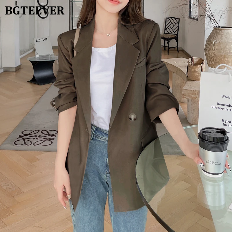 BGTEEVER giacca da donna oversize Casual 2021 autunno inverno sciolto doppio petto abito femminile cappotti elegante giacca da donna verde