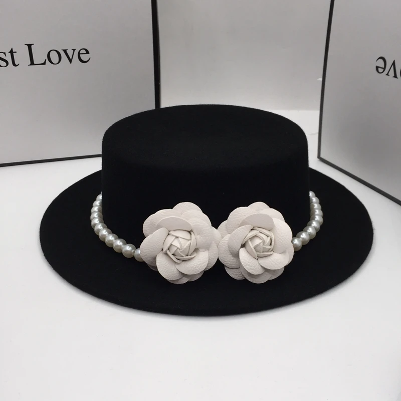 winter new wool black an aristocratic temperament  flat hat with flowers and pearls for women cap