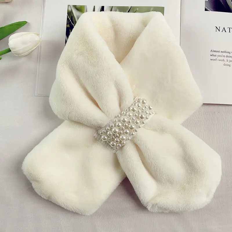 

White Soft Japan Pearl Faux Fur Scarf Women Winter Fashion Thick Warm Neck Collar Scarves 2021 New Ladies Women Girl Accessories