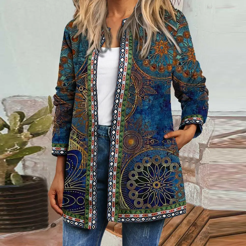 

Autumn and winter cardigan women's retro and novel ethnic floral print long-sleeved tunic jacket women's loose jacket chic top