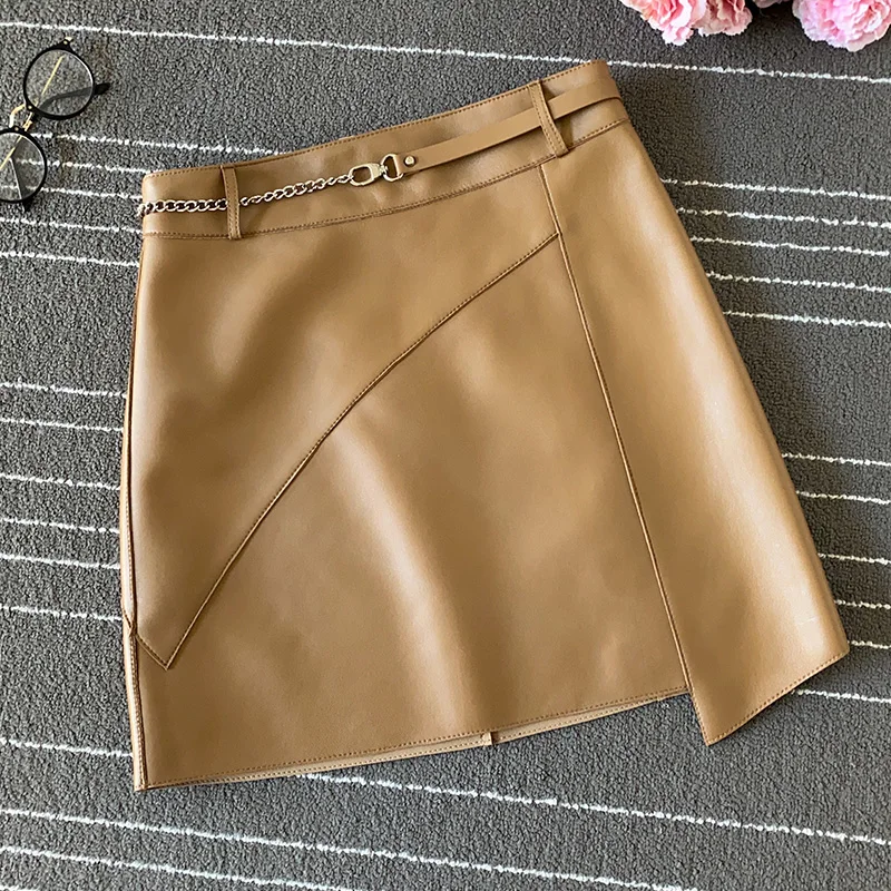 Chic Women's High-rise leather skirts Spring 2021 New Designer Chain belt Genuine leather Skirt C076