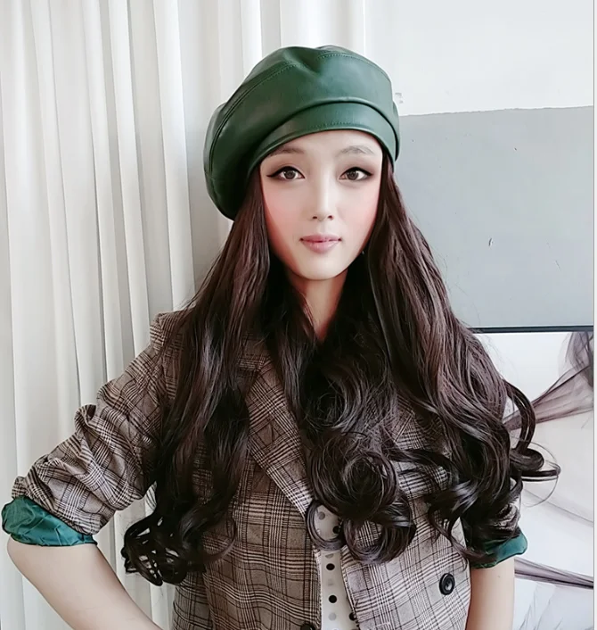 

Beret Women Spring Autumn Wig Hat Detachable Large Wave Long Hair Wool Foll Integrated Large Head Circumference Fashion Green