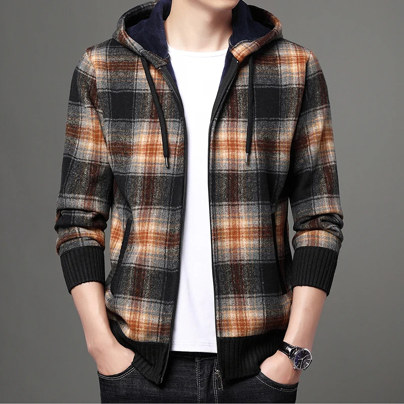 Top Quality New Brand Fashion Woolen Baseball Collar Thick Velvet Casual Jacket Men Hooded Plaid Cardigan Coats Men Clothes