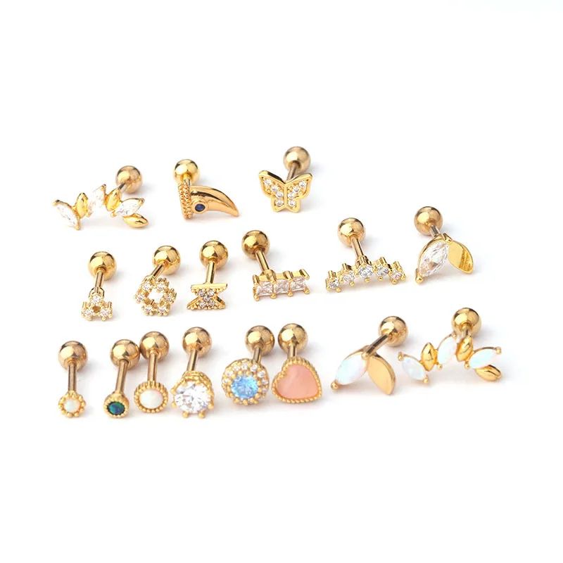 Boucle d'Oreille en Acier Inoxydable, Piercing Cartilage, Forme Géométrique, Opale, Tragus, Helix, Vis Arrière, 16G