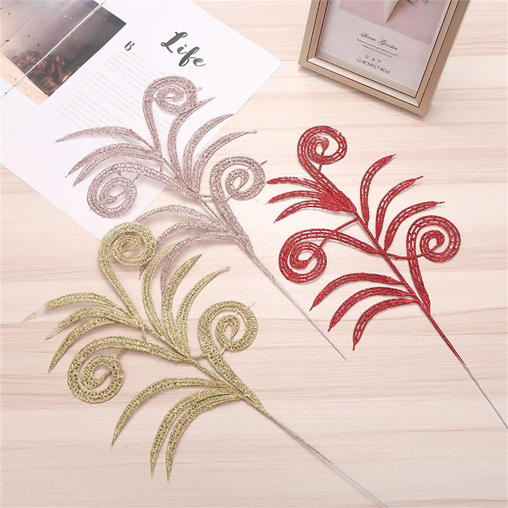 New Design Glitter Fern Leaf Christmas Decoration Artificial Leaves Branch Christmas Tree Hanging Decoration Party Decoration