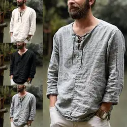 New Fashion Men's Shirt Long Sleeve Linen T Shirt Lacing Medieval V Neck Outdoor T Shirt Tops Loose Casual Shirt T Shirt