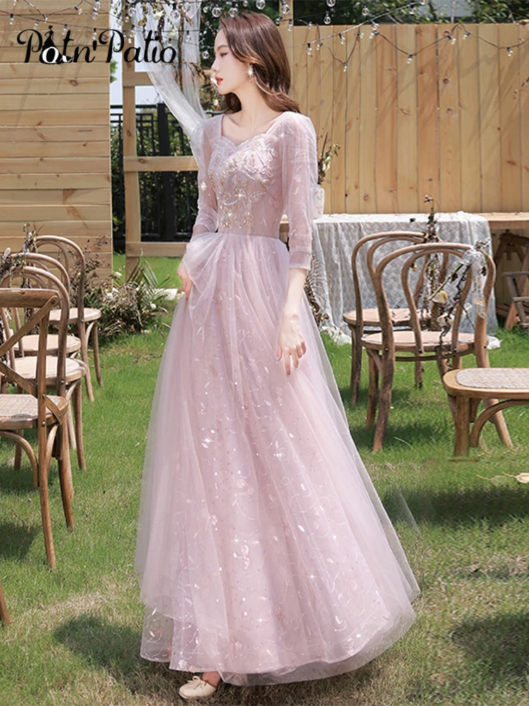 Elegant Pink Tulle Long Women Birthday Party Gowns Sweetheart A-Line Floor-Length Wedding Party Dresses