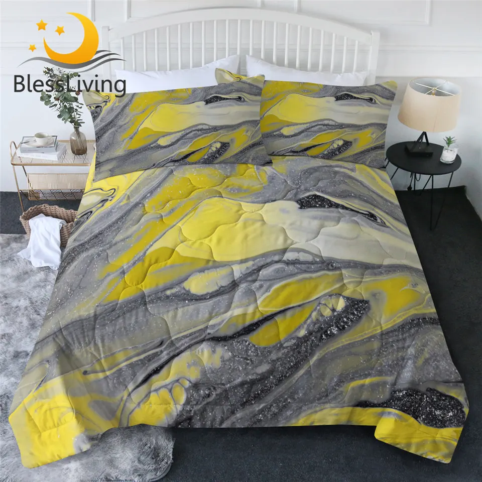 BlessLiving Marble Summer Quilt Set Yellow Grey Comforter Rock Spar Texture Bed Cover Nature Inspired Trendy Housse De Couette