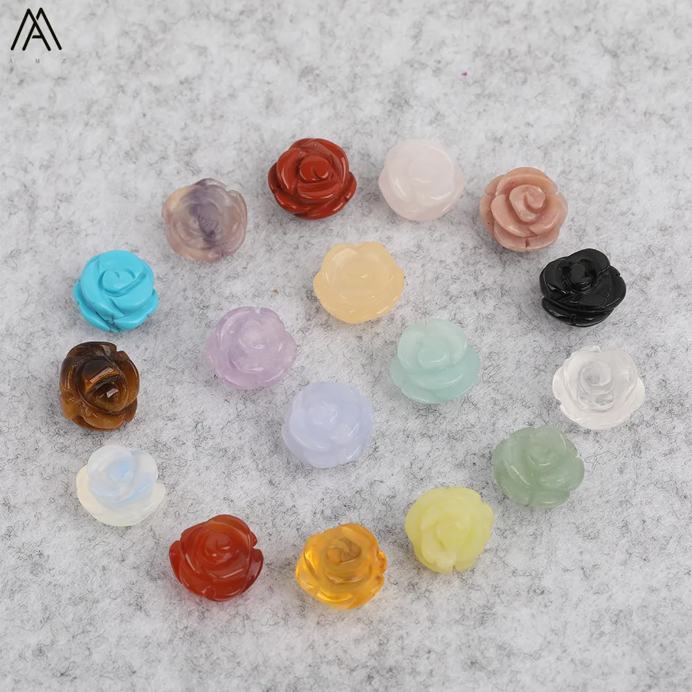 

15pcs/lot 10mm Natural Agates Lapis Fluorite Stone Quartz Crystal Carved Rose Flower Shape Earring Beads For Jewelry DIY Making